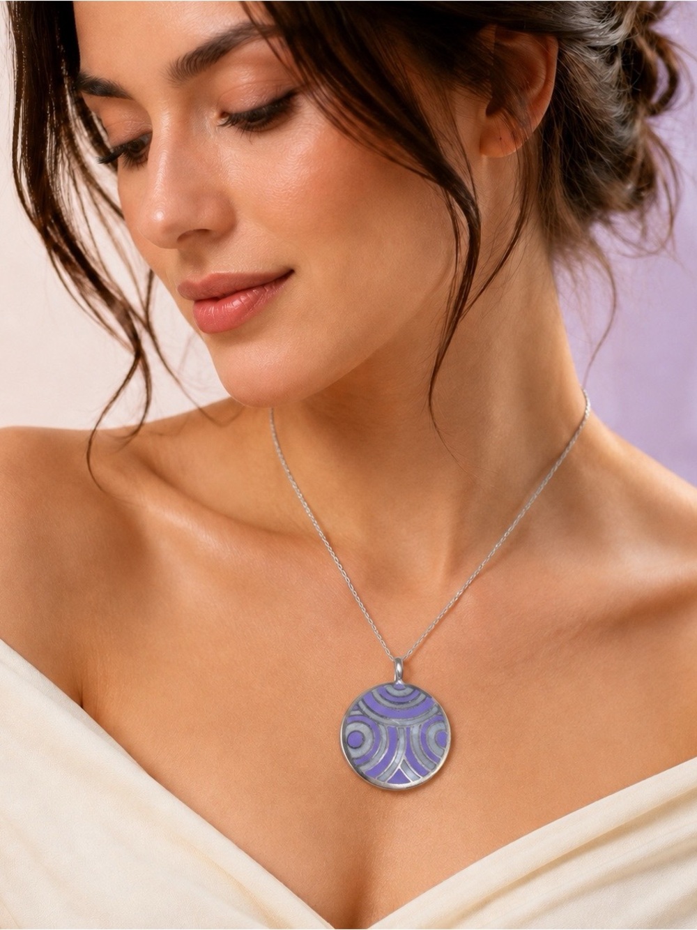 925 Silver Purple Enamel Round Pendant Unisex Statement Jewelry